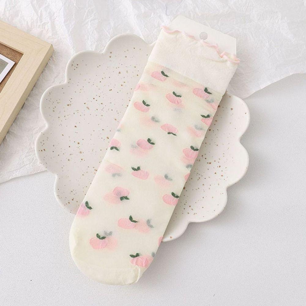 Peach Transparent Flower Ruffle Socks Avocado Fruit Mesh Tulle Mid Tube Socks  Girl