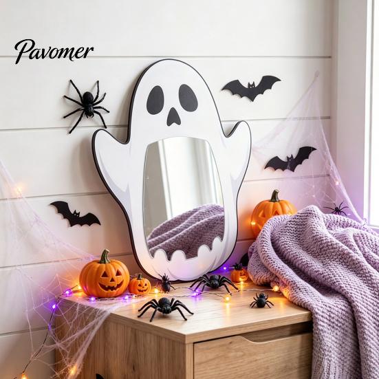 Halloween Wall Mirror Wooden Decorative Mirror, Pumpkin Ghost Bat Witch Cartoon Wood Decor Decor, Fun for Entryway Party, Festive Home Ornament Rustic