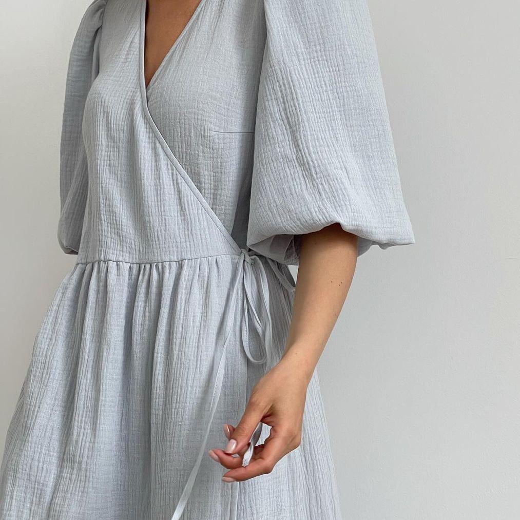 French Sweet Atmosphere Solid Color Long Dress V-neck Puff Short Sleeve Tie Dress