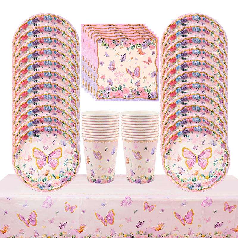Butterfly Disposable Tableware Set Paper Plate Cup Napkins Pink Butterfly Birthday Party Decoration Baby Shower Wedding Supplies