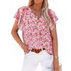 Women V Neck Printed Short Sleeve Loose Casual Pullover Blouse Top