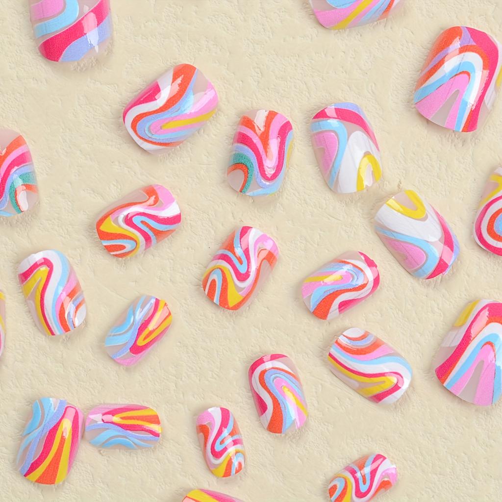 24pcs Vibrant Rainbow Swirl Press On Nails - Glossy Full Coverage Short Oval False Nails for Women and Girls - Perfect for Daily Wear, Easy to Apply