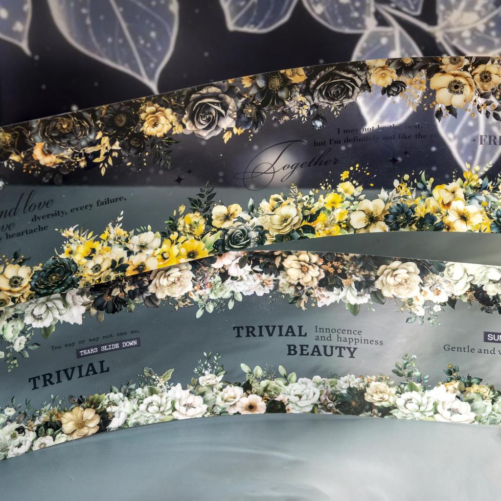 Alideco Masking Cute Retro Dark Style Watercolor Floral Transparent PET Adhesive Wide Stylish Masking Sticker 6-Pack Tape, Pattern, Water-Resistant