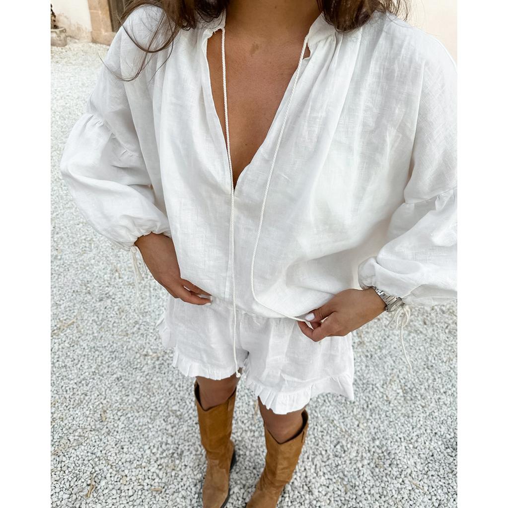 Women Casual Cotton Linen Ruffle Shorts Suits Long Sleeve Drawstring Linen Pullover 2 Ps Set Summer Ladies Beach Outfit Blouse