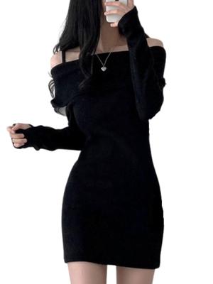 Coco Yuka Πλεκτό Σφιχτό Μίνι Σέξι Φόρεμα-Τούνικα με Μακριά με Τιράντες Μέγεθος & Φόρεμα Off-the-Shoulder, Μανίκια, Off-the-Shoulder, Χαριτωμένο, Γυναικείο,