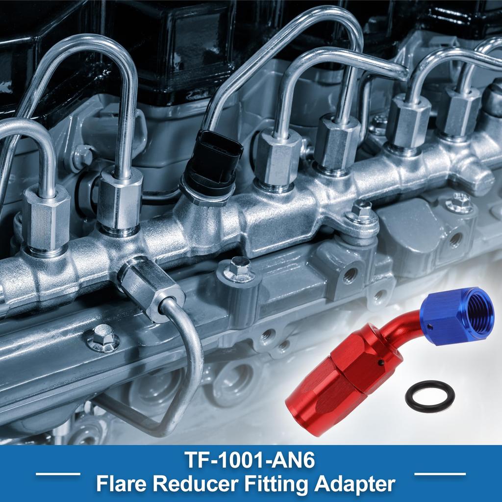 A ABSOPRO Female Flare Reducer Hose Fitting Adapter TF-1001-AN6 45° Fuel Line Connector with Aluminum O-Ring Red, Blue