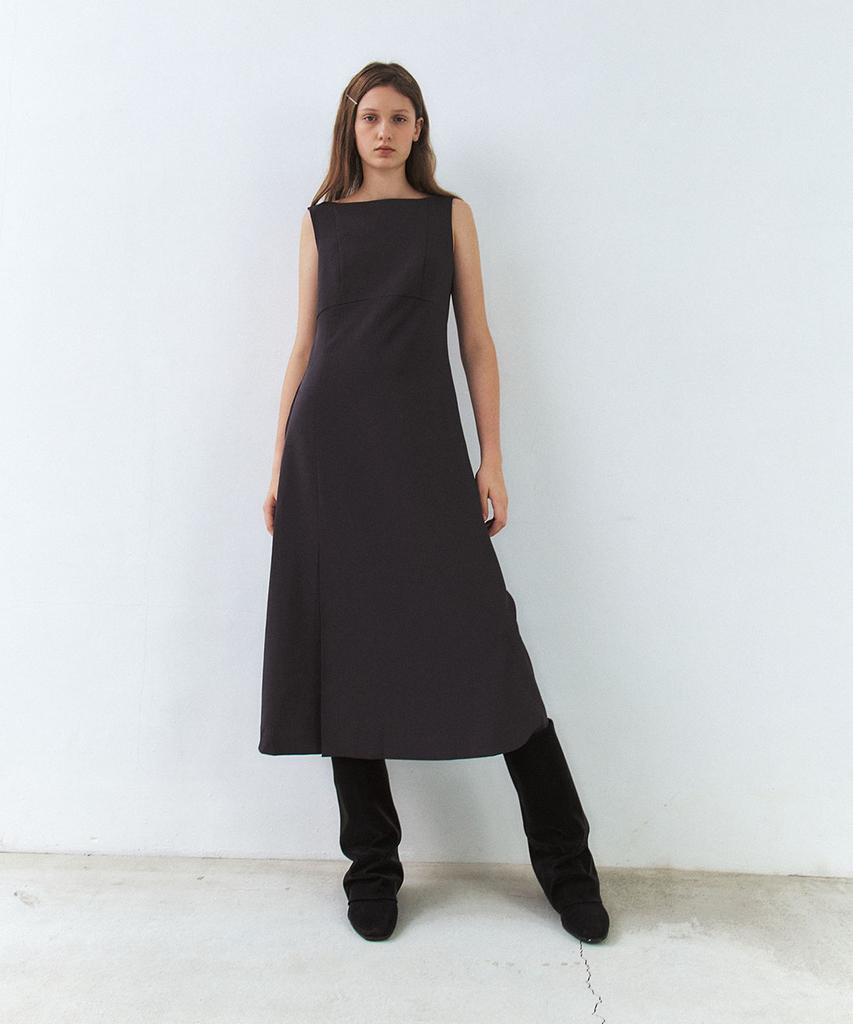 ETDEMAIN Sleeveless Boat Neck Slit Long Dress - Deep Charcoal
