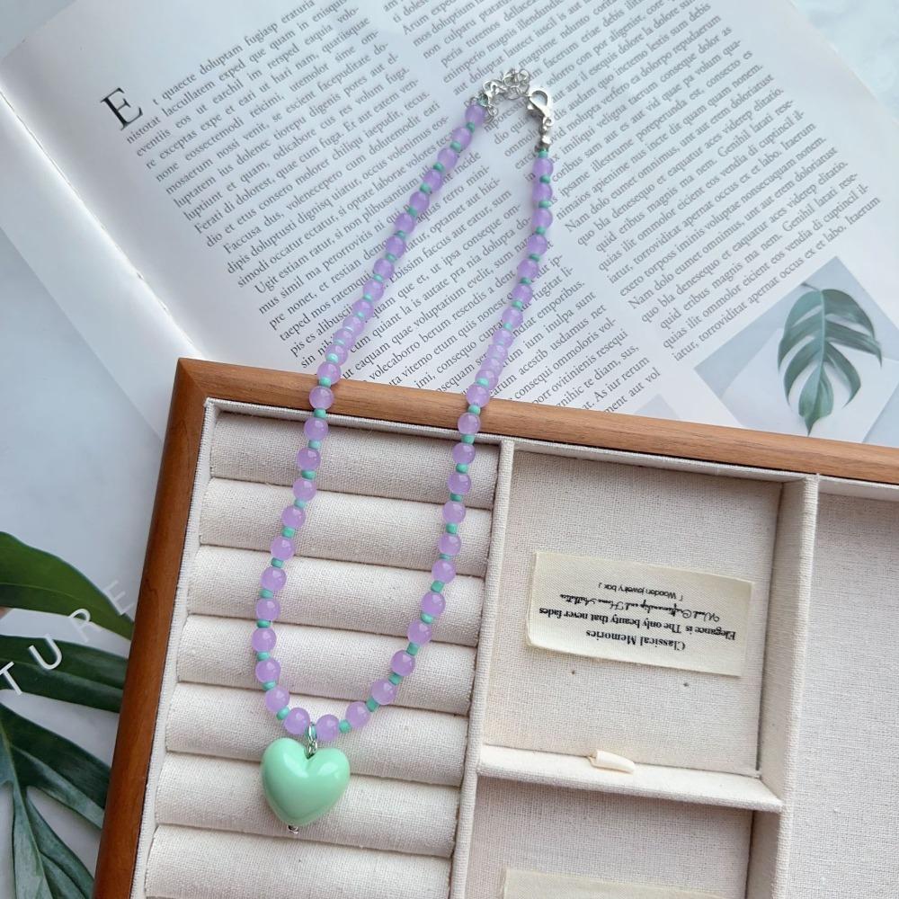 Acrylic Glass Beaded Chain Spring Summer Choker Necklace Fashion Heart Pendant Neck Accessories