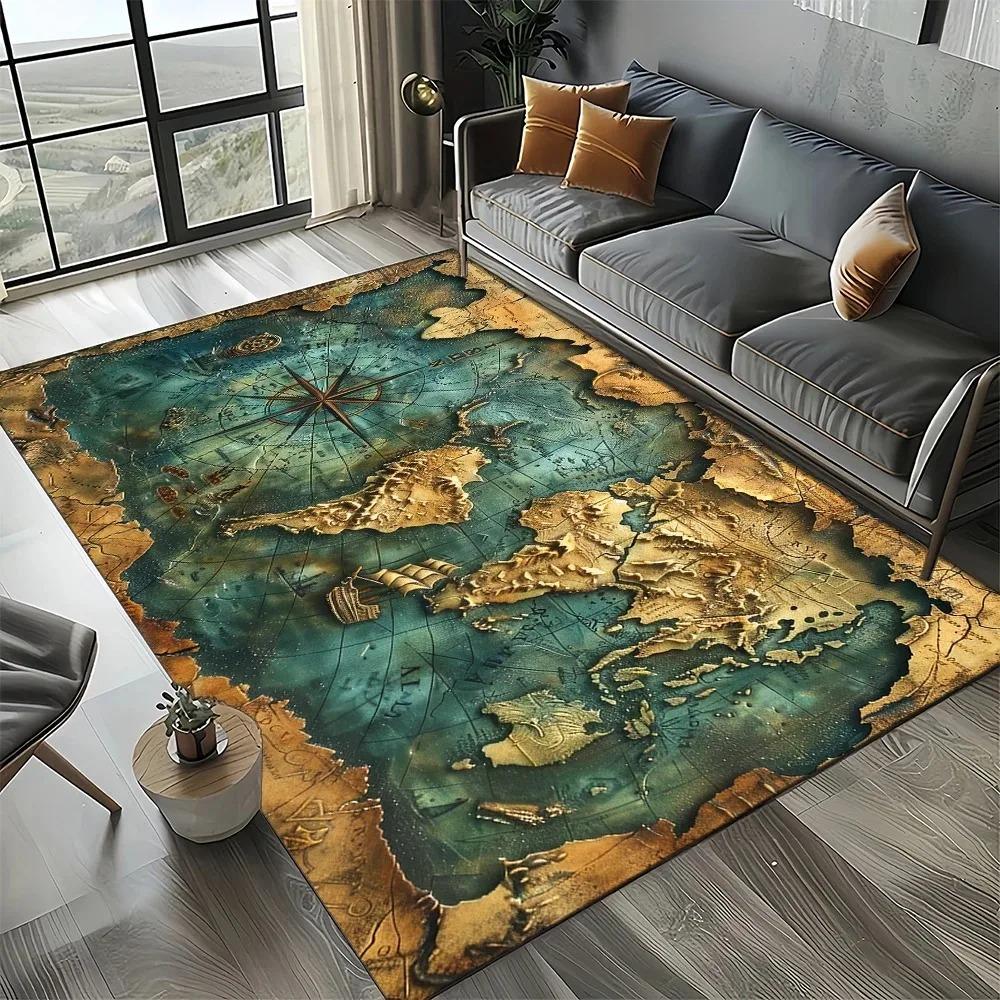 Vintage Nautical Map Rug with Sea Monsters Sailing Ships Retro Ocean Adventure Carpet Soft Durable Living Room Bedroom Decor