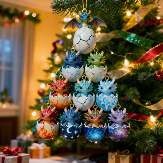 2D Acrylic Dragon Hanging Decoration Flat Cartoon Flying Dragon Egg Christmas Tree Hanging Ornament Indoor Home Holiday Party Pendant