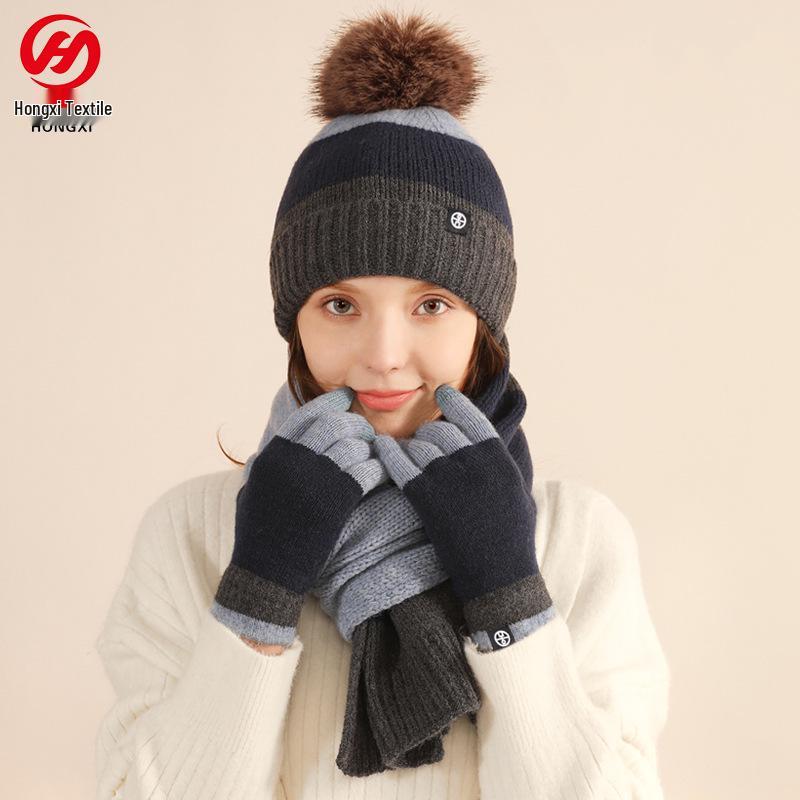 Winterliches japanisches Farbblock-Bommelmützen-, Schal- und Handschuh-Set - Dickes Wollstrick, Warmes dreiteiliges Set