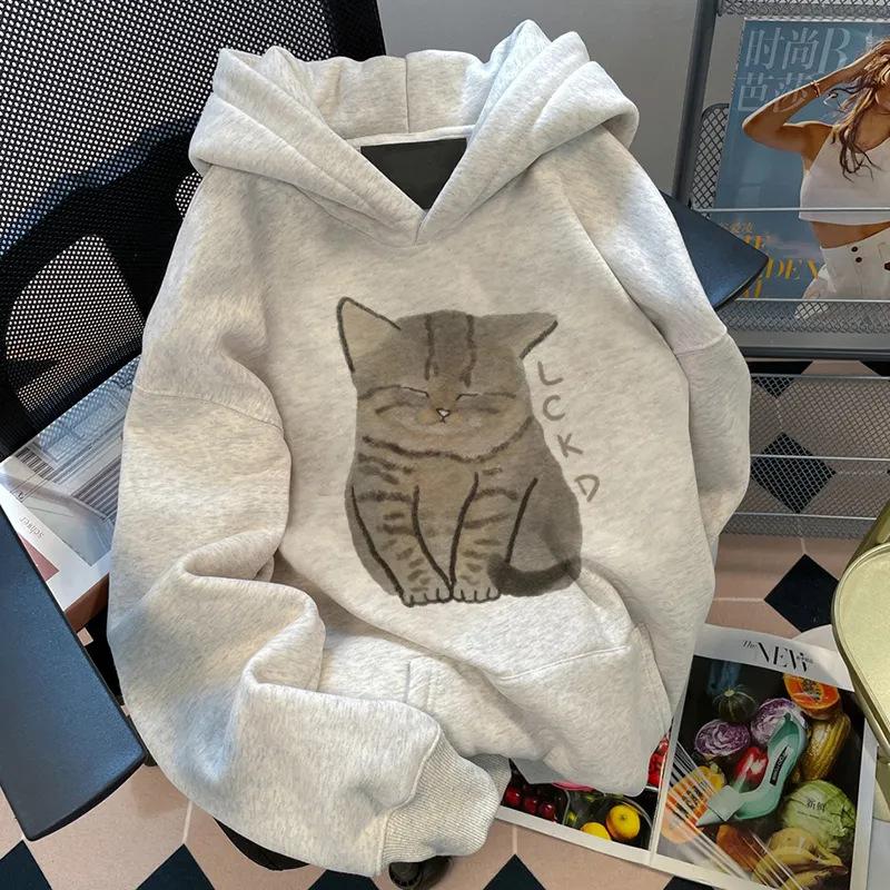 

Женская осенне-зимняя хлопковая толстовка с капюшоном в университетском стиле с принтом кота, дизайнерская, универсальный топ 2XL серый