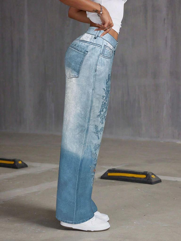 Women's Embroidered Wide-Leg Mid-Waist Summer Jeans N011