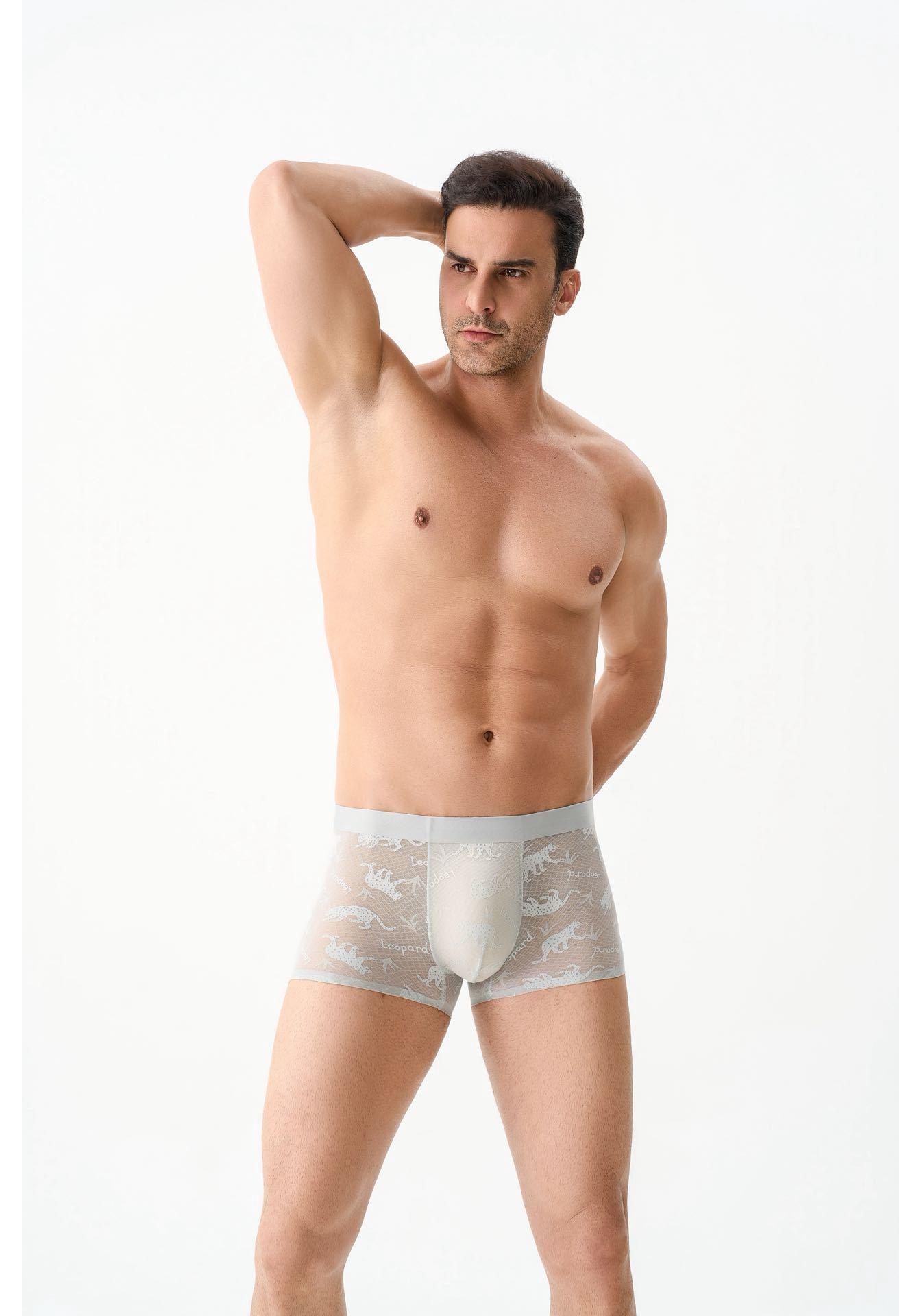 Men s Antibacterial Boxer Briefs with Leopard Jacquard Lace, Ice Silk, and Camellia Scented Hyaluronic Acid Body Lotion.