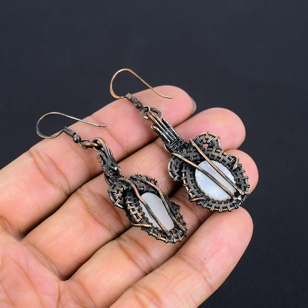 Rainbow Moonstone Earrings Gemstone Jewelry,  999 Copper Wire Wrapped Earrings, Handmade Beautiful Jewelry Earrings