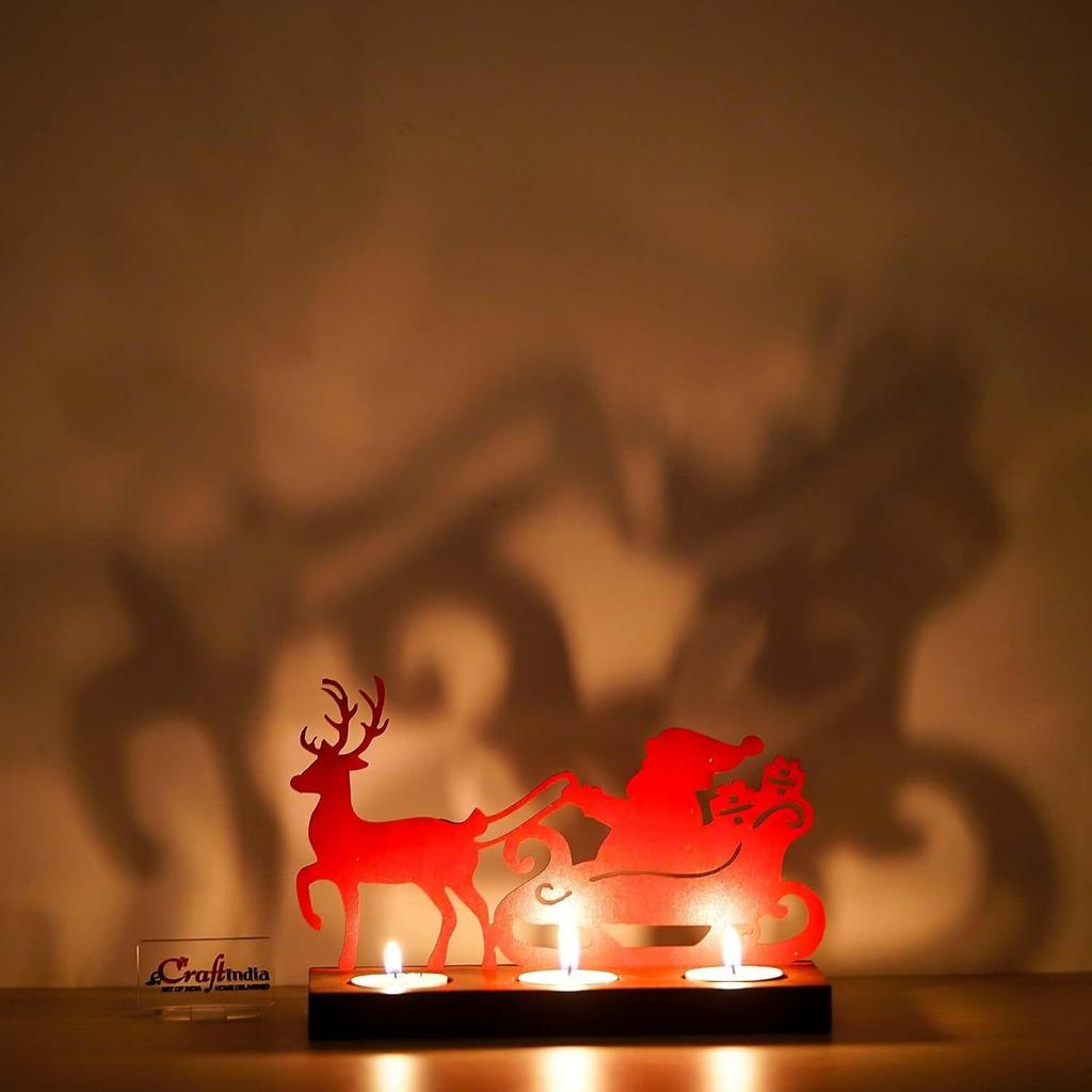 Santa Clause with Reindeer Sleigh Showpiece Decorative Tea Light Candle Holders(Wooden, Red)| Christmas Decoration Items