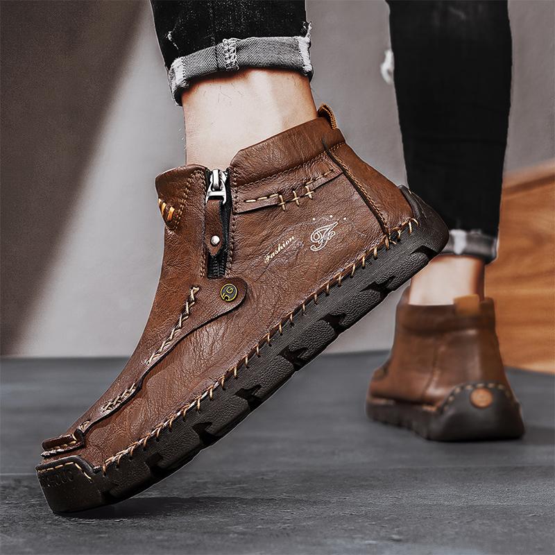 Fashion Travel Handmade Men's Ankle Boots Men Winter Plush Snow Boots Side Zipper Men Low Top Walking Shoes Leather Male Motorcycle Boot