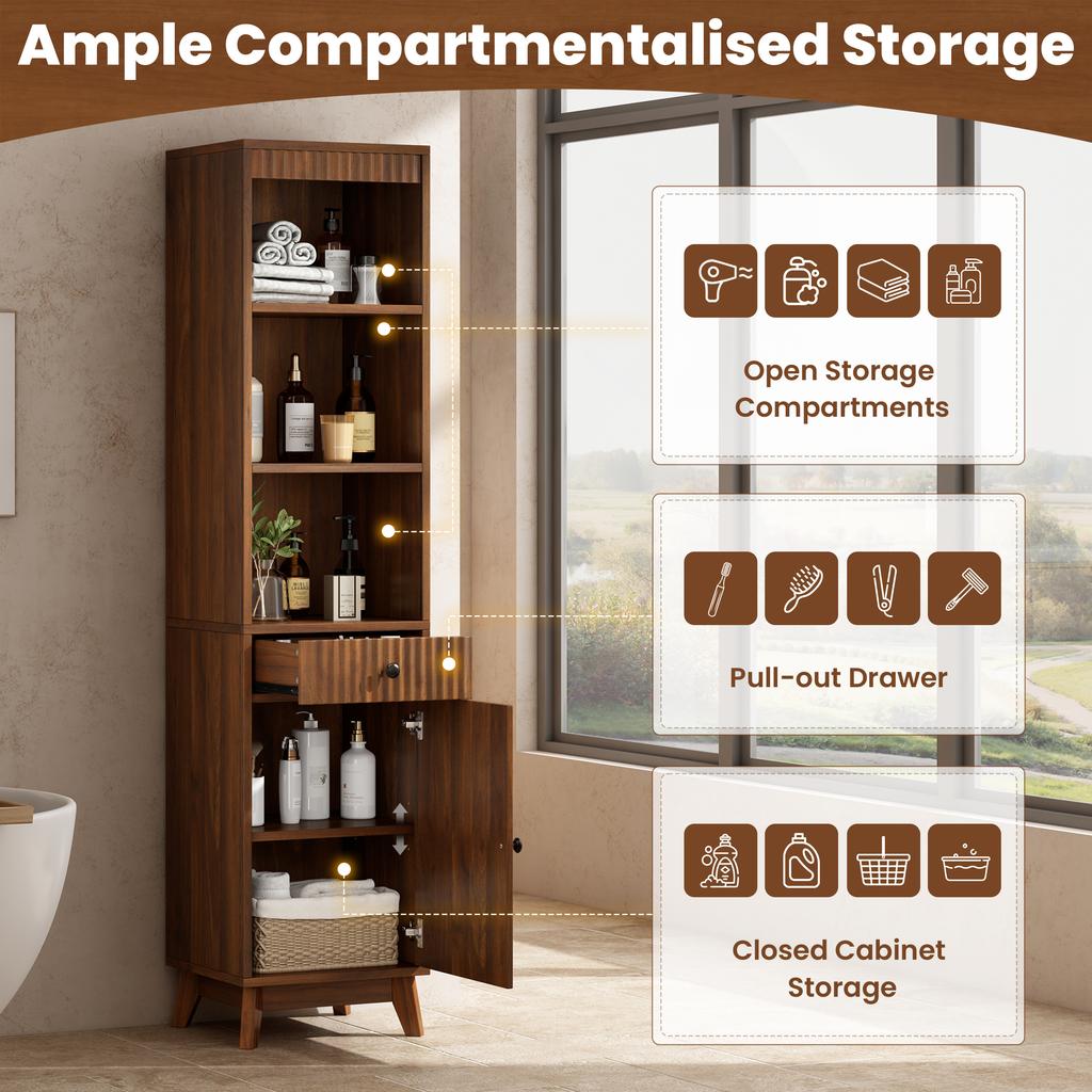 Mobile da Bagno Alto Autoportante, Frontali a Scanalature Verticali, Porta Reversibile Sinistra-Destra, Cassetto, Cerniere Soft-Close, 40×36×172 cm, Colore Noce
