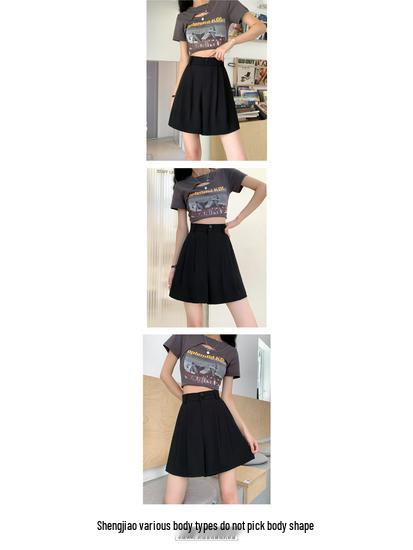 Women's Black High-Waist Wide-Leg Casual Shorts - Slim Fit, Anti-Exposure, Autumn Style, Small Size