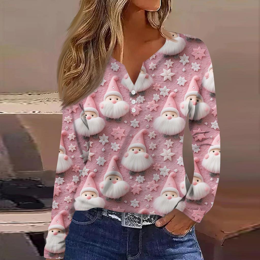 Women's Fashion Casual V-Neck Button-Up Long-Sleeve T-Shirt With Christmas Print Top