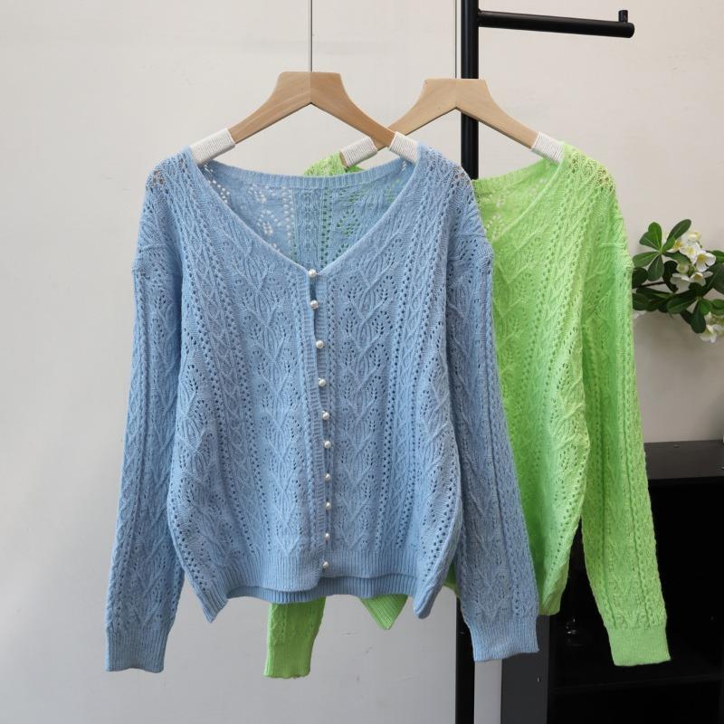 Early autumn new hollow design knitted cardigan thin soft waxy sweet loose sweater jacket women