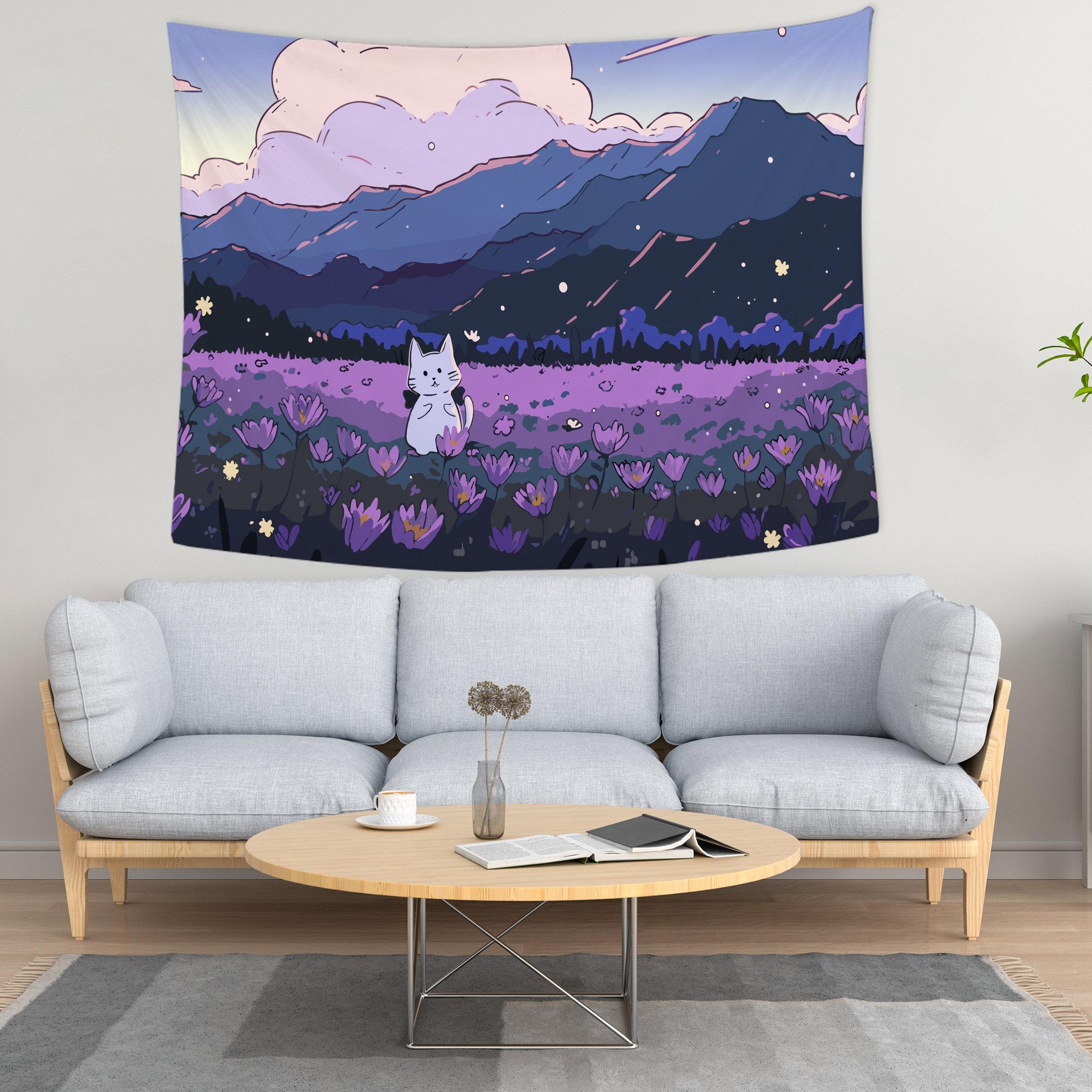 Healing Series Purple Dian Kitten Tapestry Fresh Forest Background Cloth Girl Living Room Decoration Room Decoration 100X70CM