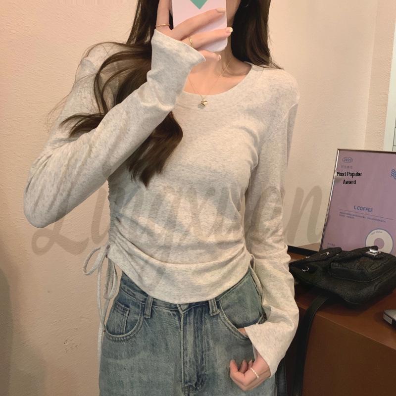 

Spring 2026 Korean Style Slim Fit Round Neck Drawstring Pure Cotton Long Sleeve Women s T-shirt Small хизер серый