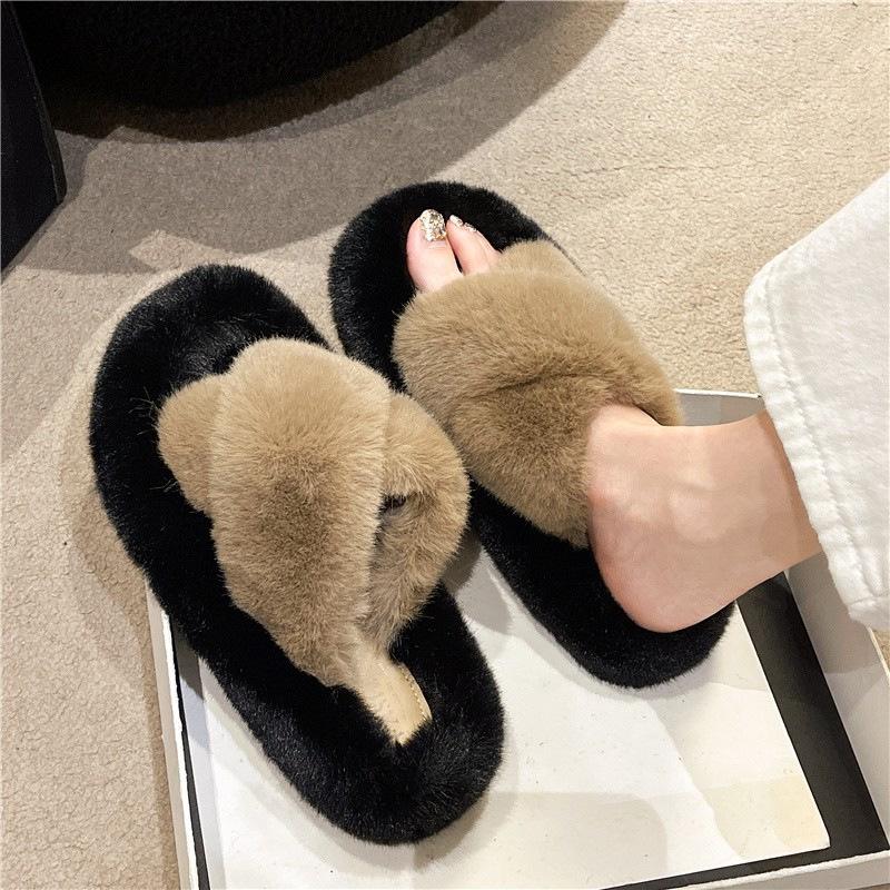 Rabbit fur cross thick bottom fluffy slippers increase height in autumn and winter household plush fluffy drag women wear women
