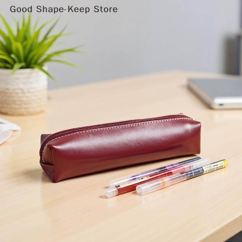Simple PU Leather Pencil Case Small Portable Makeup Brush Storage Bag Large Capacity Stationery Box for Students School Supplies
