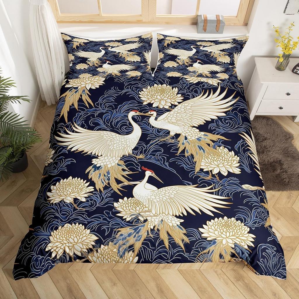 Crane Duvet Cover Twin King Traditional Chinese Style Painting Quilt Cover Chrysanthemum Flower Floral Bedding Set For Dorm Room