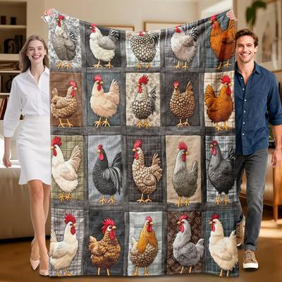 1 Piece Chicken-themed Gray Flannel Blanket, Soft, Suitable for Sofa, Bed, Office, All-season Use.