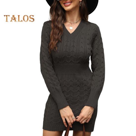 

Осень-зима женское платье трикотажное толстое V-образным вырезом приталенное платье с длинными рукавами длиной выше колена витая текстура чистый цвет оболочка офисная вечеринка мини-платье M чёрный