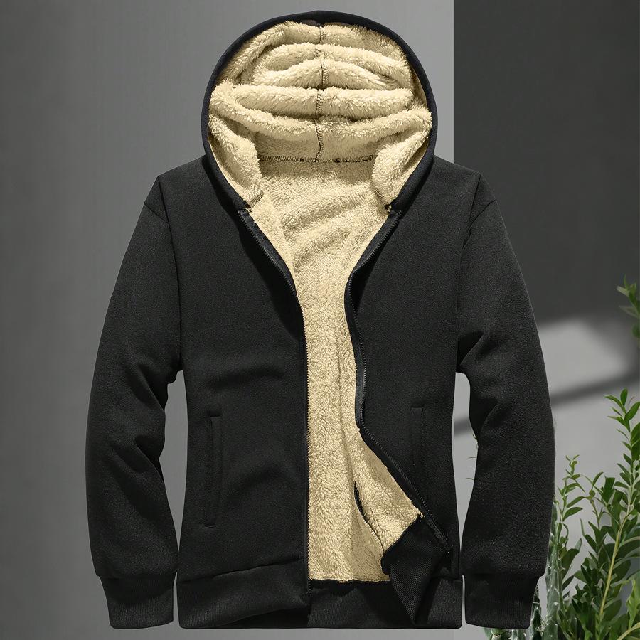 Men's Black Lambswool Thick Winter Hooded Coat with Zipper - Versatile, Loose-Fit Hoodie