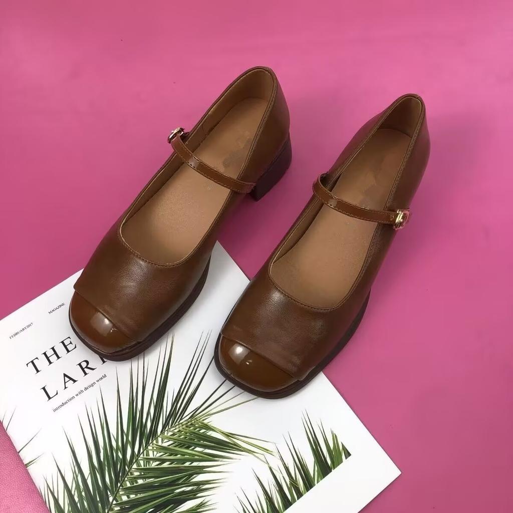 Middle Heel Shallow Mouth Single Shoes Women's 2025 New Spring and Autumn Square Head Thick Heel Small Leather Shoes Spring Soft Leather Mary Ja