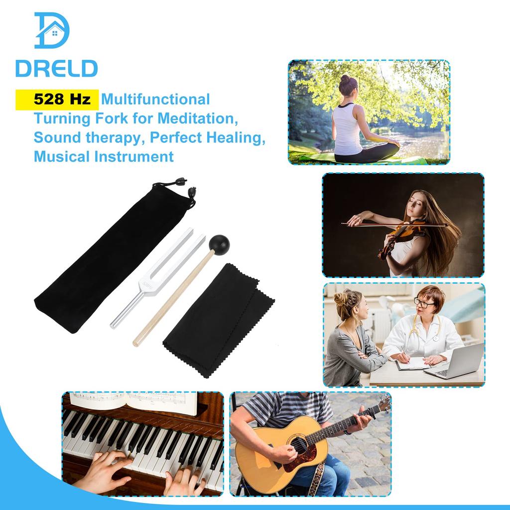 Dreld 528Hz Tuning Fork, Tuner, and Rubber Mallet with Storage Pouch, Purifying, Angelic Tones, Healing