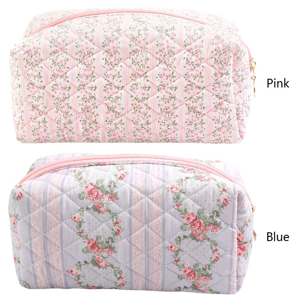 Women Floral Cosmetic Bag Large Capacity Cotton Aesthetic Toiletry Purse Zipper Closure Padded Organizer Bag Female Travel Bag