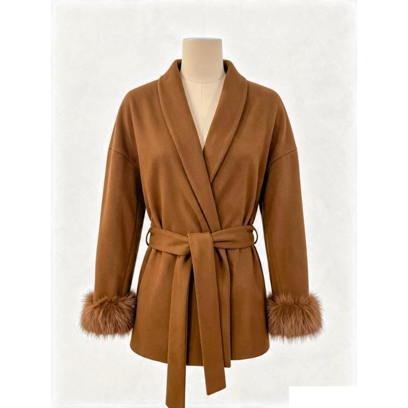Women S Short Wool Coat With Tie Solid Color Long Sleeve French Style