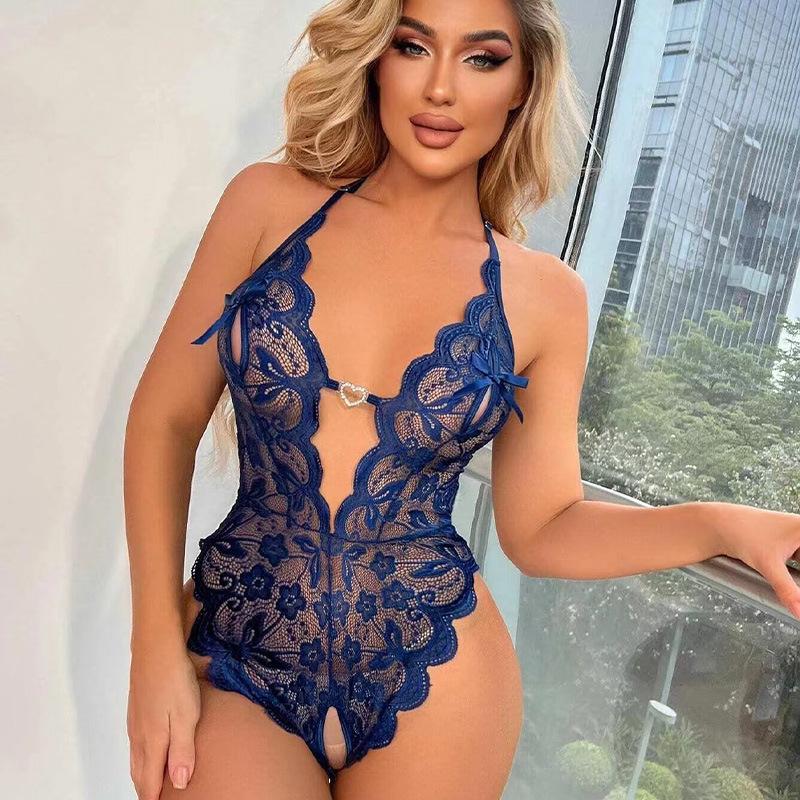 Large Size European and American Sex Underwear New Lace Perspective Free Open Crotch Onesie Sexy Babes Pajamas