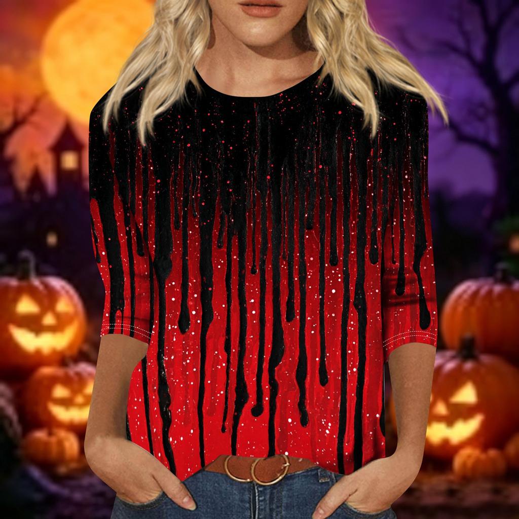 Women's Casual Halloween Print 3/4 Sleeve Round Neck Top for Holiday Party