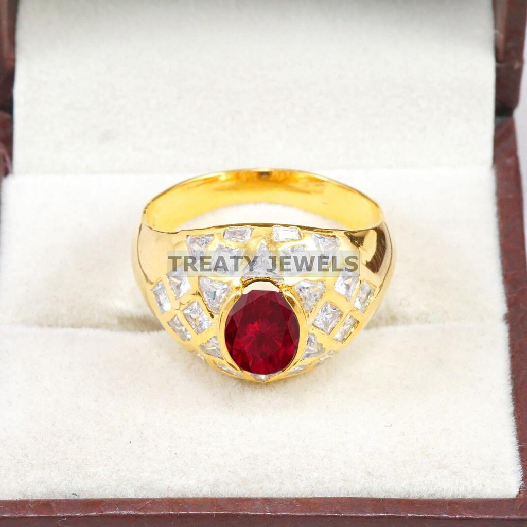 Ruby Oval Cut With 925 Sterling Silver Gold Plated Ring For Men's #B547 JL375686406456