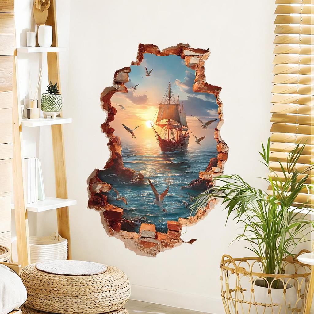 3D Wall Breaking Sailboat Sea View Living Room Bedroom Entrance Beautification Background Wall Sticker