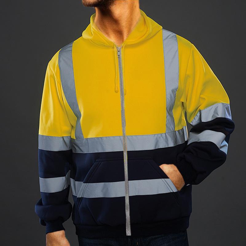 Fleece-lined Outdoor Sanitation Workwear Men's High Visibility Reflective Strip Zipper Color Blocking Hooded Sweatshirts