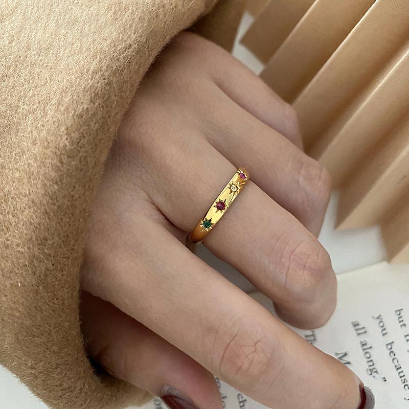 European and American Light Luxury Rainbow Color Diamond Ring  Women Exquisite and Fashionable Titanium Steel Ring Versatile Commuting Ring
