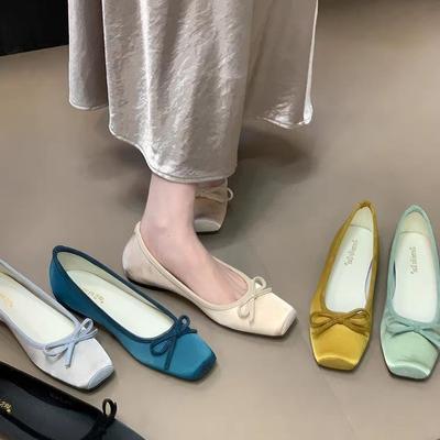 Neue flache Ballerinas Oma-Schuhe süßer Stil Schleife eckige Spitze flacher Ausschnitt Einzelne Schuhe Damen