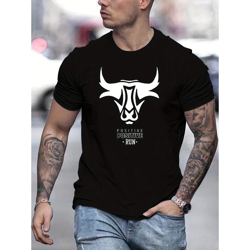 

European Size Men s Bull Animal Pattern Casual Round Neck Short Sleeve T-Shirt for Spring, Summer, and Autumn 4XL чорний