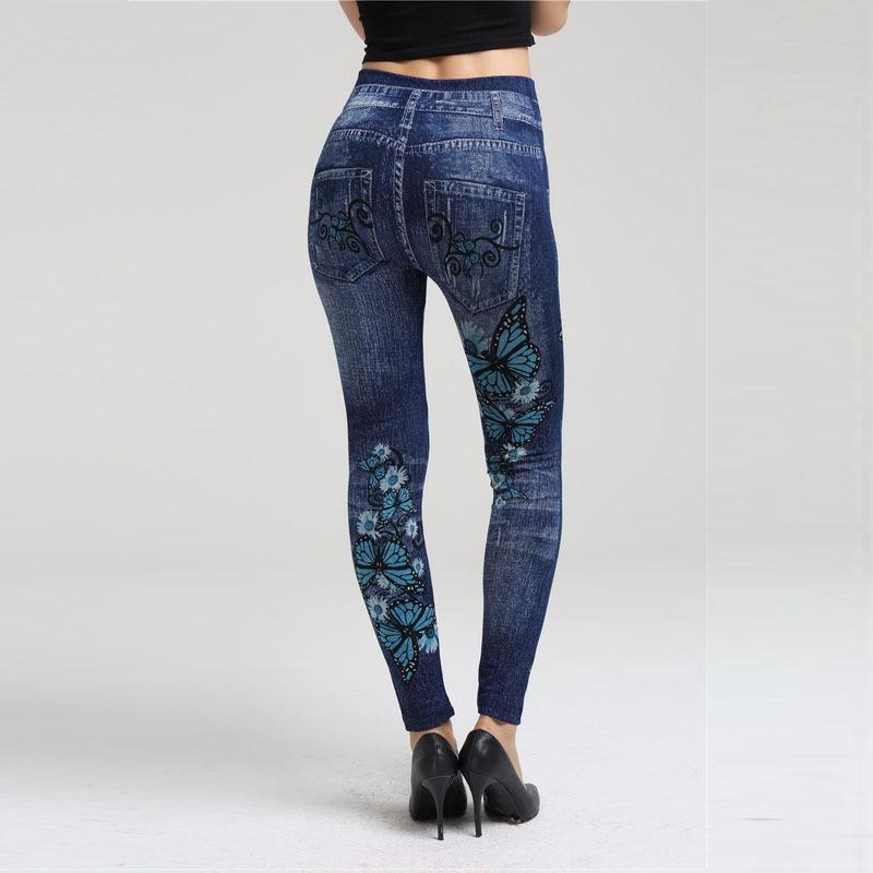 Blue Butterfly Faux Denim Quick-Dry Knit Leggings, Breathable & Hip-Lifting, Nine-Point Length