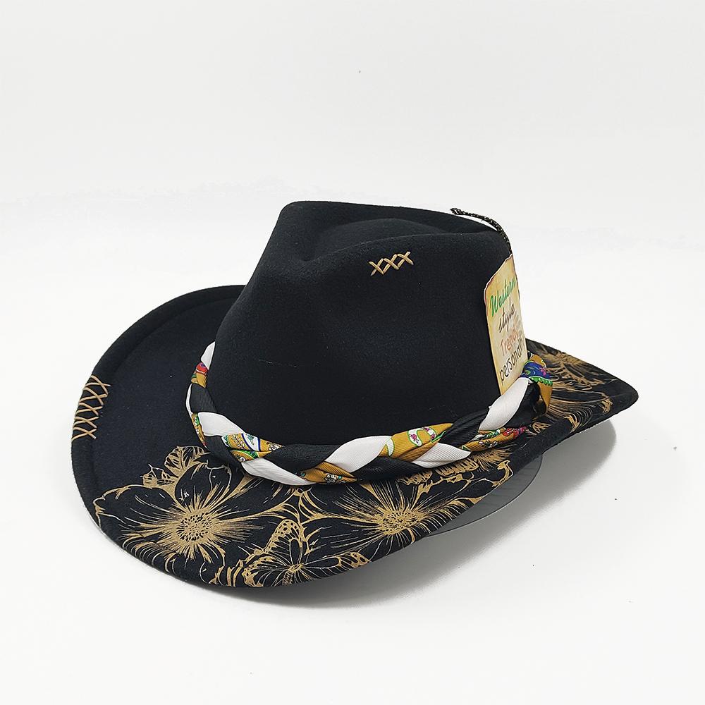 Printed Fedora Western Cowboy Hat Flower Painted Jazz Hat Men and Women Cowboy Hat Wide Brim Fashion Hat Feather Accessories