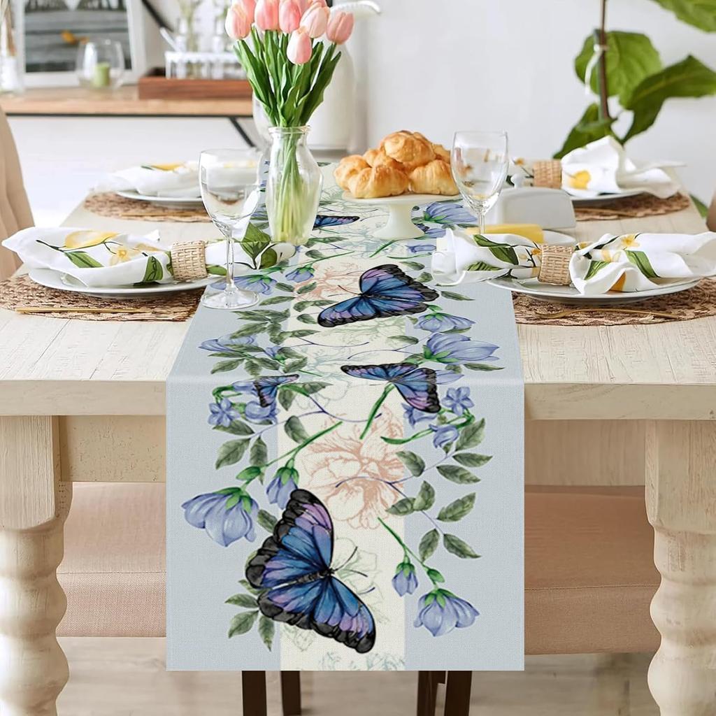 Spring Table Runner Blue Butterfly Flowers Seasonal Home Party Kitchen Dining Table Decoration 13x72 Inch