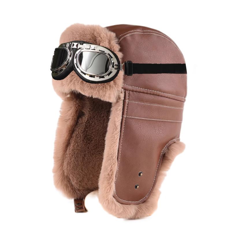 Winter Lei Feng hat men's and women's outdoor skiing fleece thermal goggles thermal hat windproof leather cycling hat