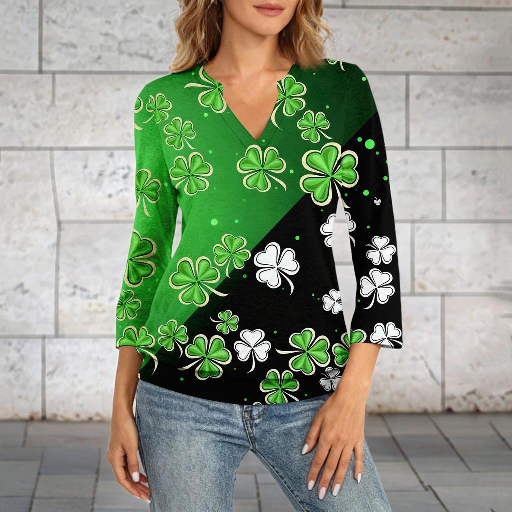 Damen 3/4-Arm Oberteil mit Bündchensaum, V-Ausschnitt, Sommer Freizeit-T-Shirt, St. Bedrucktes Oberteil zum St. Patrick's Day